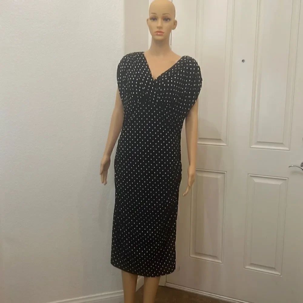 Evan Picone Dress V Neck Short Sleeve Midi Size 12 Navy Blue White Polka Dots